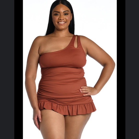 LA BLANCA Island Goddess One Shoulder Keyhole Tankini Top in Cinnamon 18W - Picture 1 of 13